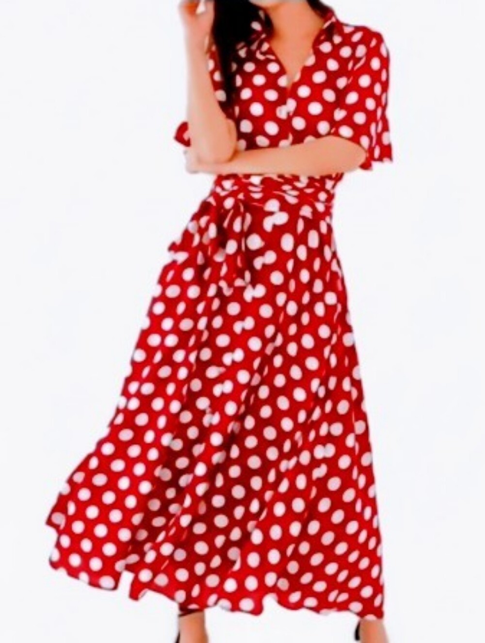 Gretchen Scott Panache Polka Dot Midi Dress Red White XS Wrap Retro Chiffon